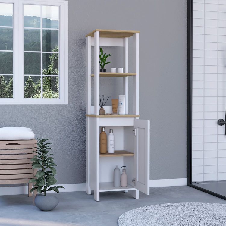 Linen Single Door Cabinet 59" H, Two Interior Shelves, Two Open Shelves, Light Oak White