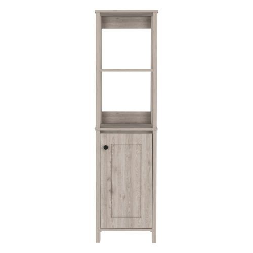 Linen Single Door Cabinet 59" H, Two Interior Shelves, Two Open Shelves, Light Gray