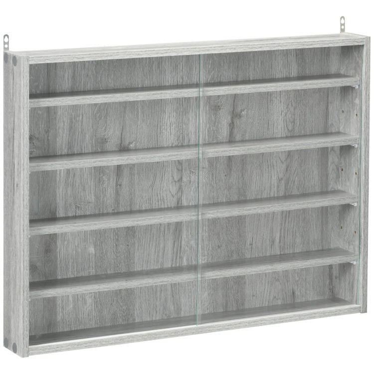 5 Tier Display Cabinet, Glass Display Case With 2 Doors And Adjustable Shelves, Wall Mounted, Grey