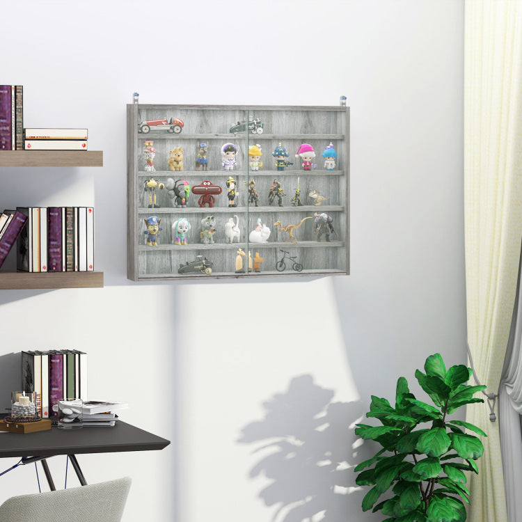 5 Tier Display Cabinet, Glass Display Case With 2 Doors And Adjustable Shelves, Wall Mounted, Grey