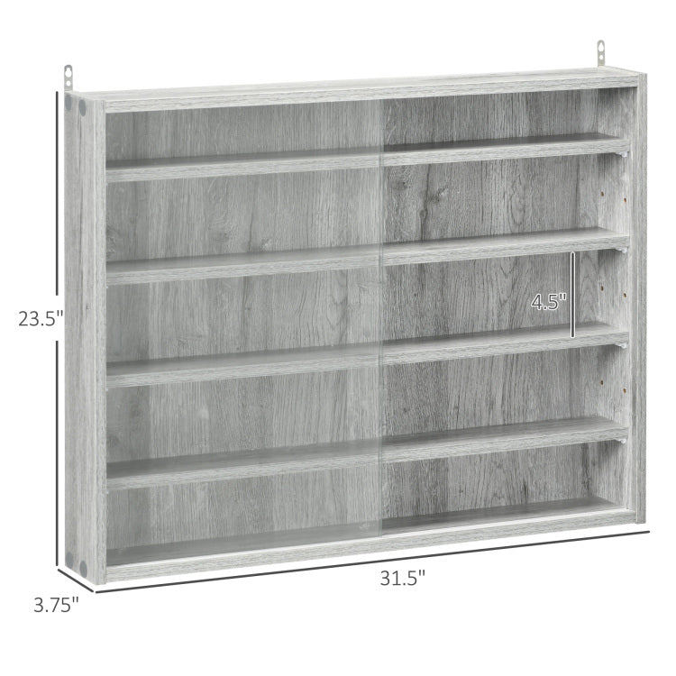 5 Tier Display Cabinet, Glass Display Case With 2 Doors And Adjustable Shelves, Wall Mounted, Grey