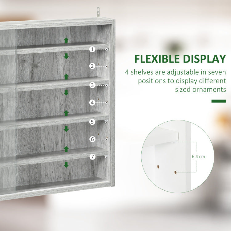 5 Tier Display Cabinet, Glass Display Case With 2 Doors And Adjustable Shelves, Wall Mounted, Grey