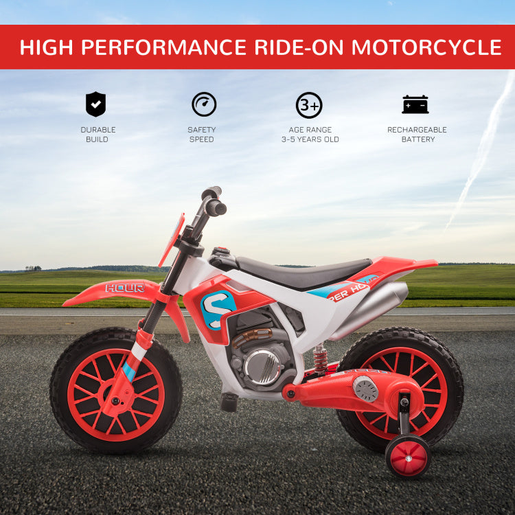 12V Kids Motorcycle Dirt Bike Electric Battery Powered Ride On Toy Off Road Street Bike With Charging Battery, Training Wheels Red