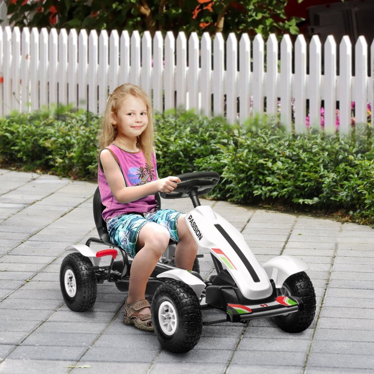 Kids Pedal Go Kart, Outdoor Ride On Toys With Adjustable Seat, Sharp Handling, Handbrake, 4 Non Slip Rubber Wheels For Boys & Girls Aged 5 12 Years Old, White