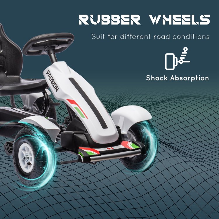 Kids Pedal Go Kart, Outdoor Ride On Toys With Adjustable Seat, Sharp Handling, Handbrake, 4 Non Slip Rubber Wheels For Boys & Girls Aged 5 12 Years Old, White