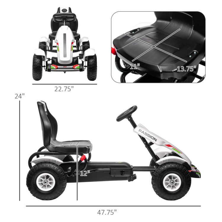 Kids Pedal Go Kart, Outdoor Ride On Toys With Adjustable Seat, Sharp Handling, Handbrake, 4 Non Slip Rubber Wheels For Boys & Girls Aged 5 12 Years Old, White