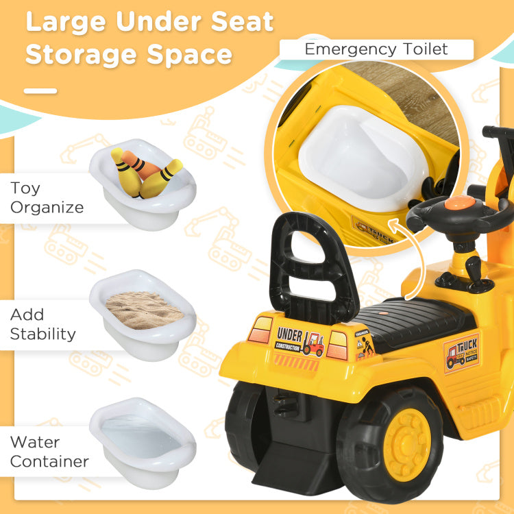 Ride On Excavator Pull Cart, Kids Digger Ride On Truck With Horn, Under Seat Storage, Sit And Scoot Pretend Play Toy Construction Car For Ages 18M