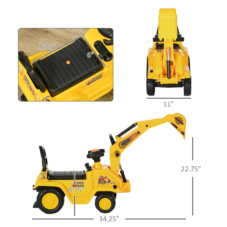 Ride On Excavator Pull Cart, Kids Digger Ride On Truck With Horn, Under Seat Storage, Sit And Scoot Pretend Play Toy Construction Car For Ages 18M