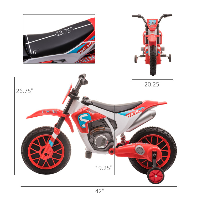 12V Kids Motorcycle Dirt Bike Electric Battery Powered Ride On Toy Off Road Street Bike With Charging Battery, Training Wheels Red