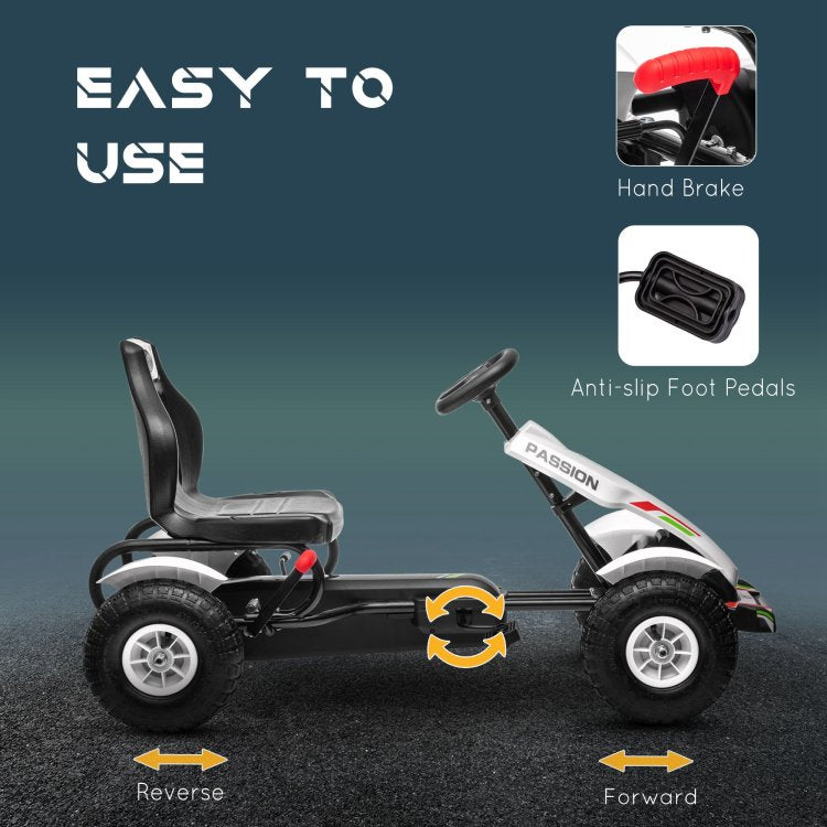 Kids Pedal Go Kart, Outdoor Ride On Toys With Adjustable Seat, Sharp Handling, Handbrake, 4 Non Slip Rubber Wheels For Boys & Girls Aged 5 12 Years Old, White