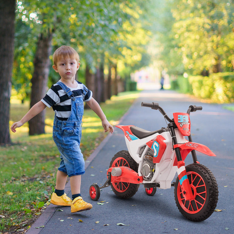 12V Kids Motorcycle Dirt Bike Electric Battery Powered Ride On Toy Off Road Street Bike With Charging Battery, Training Wheels Red