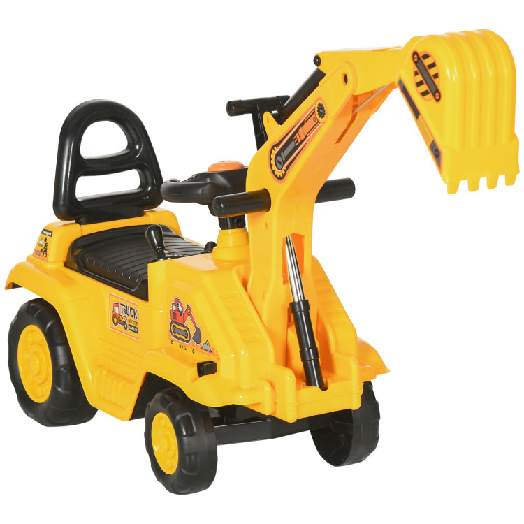 Ride On Excavator Pull Cart, Kids Digger Ride On Truck With Horn, Under Seat Storage, Sit And Scoot Pretend Play Toy Construction Car For Ages 18M