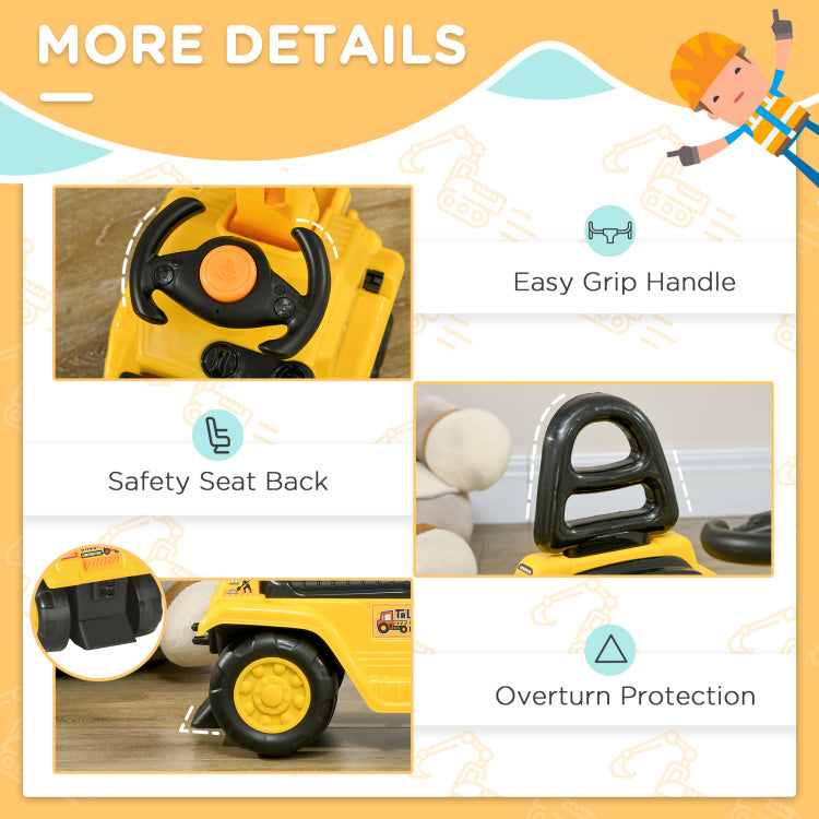 Ride On Excavator Pull Cart, Kids Digger Ride On Truck With Horn, Under Seat Storage, Sit And Scoot Pretend Play Toy Construction Car For Ages 18M