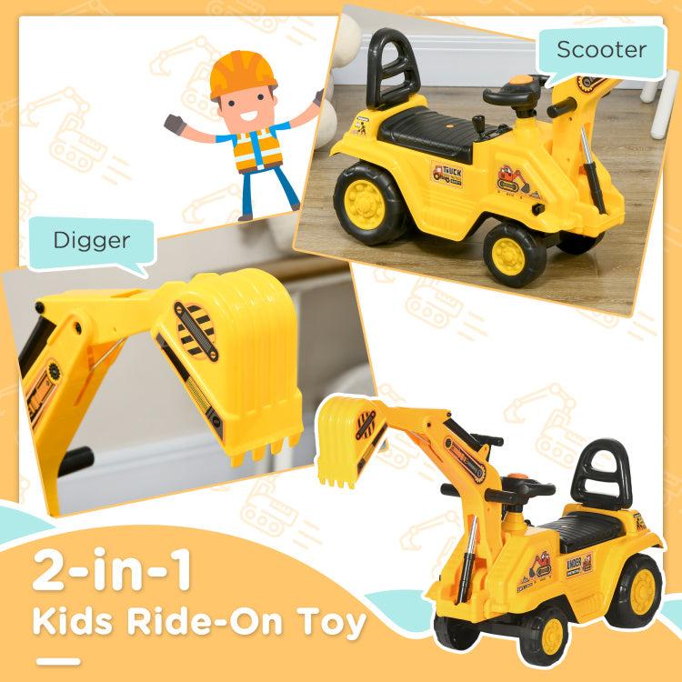 Ride On Excavator Pull Cart, Kids Digger Ride On Truck With Horn, Under Seat Storage, Sit And Scoot Pretend Play Toy Construction Car For Ages 18M