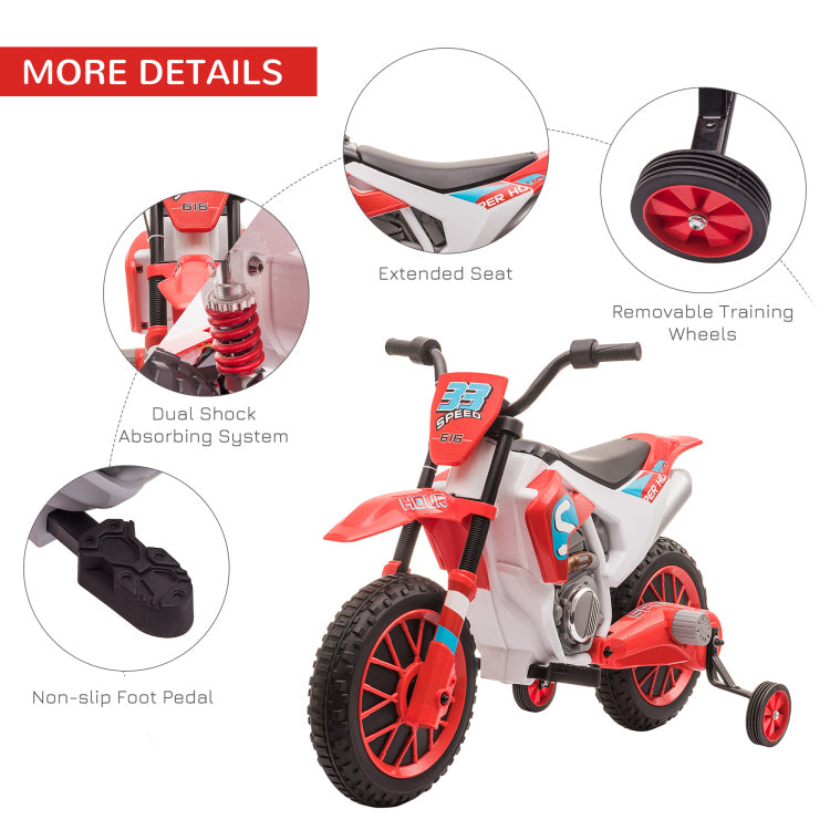 12V Kids Motorcycle Dirt Bike Electric Battery Powered Ride On Toy Off Road Street Bike With Charging Battery, Training Wheels Red