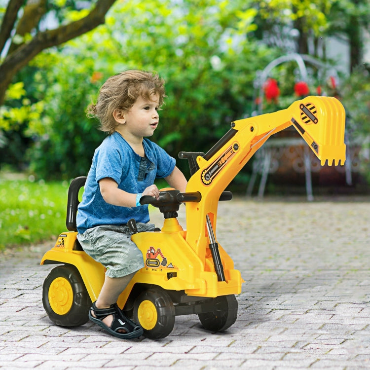 Ride On Excavator Pull Cart, Kids Digger Ride On Truck With Horn, Under Seat Storage, Sit And Scoot Pretend Play Toy Construction Car For Ages 18M