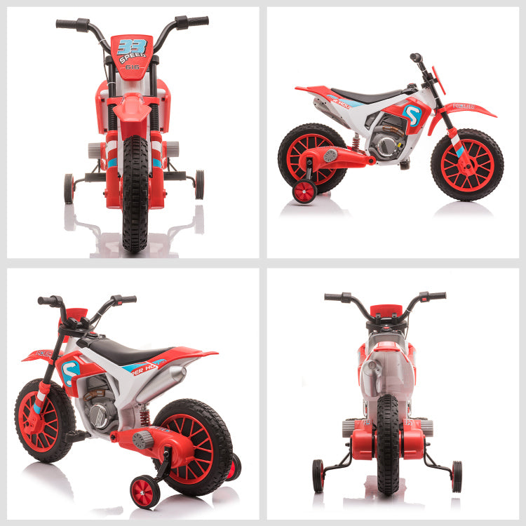 12V Kids Motorcycle Dirt Bike Electric Battery Powered Ride On Toy Off Road Street Bike With Charging Battery, Training Wheels Red
