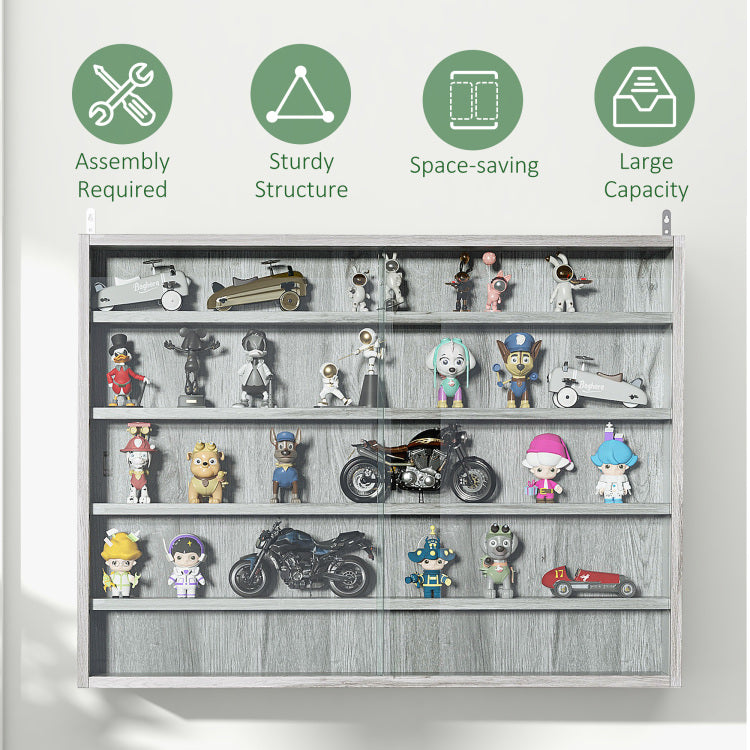 5 Tier Display Cabinet, Glass Display Case With 2 Doors And Adjustable Shelves, Wall Mounted, Grey