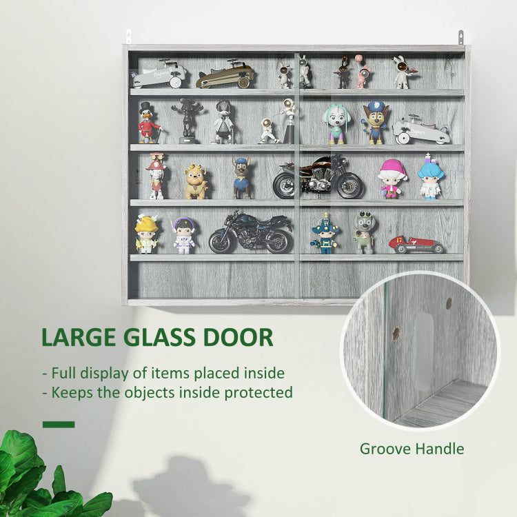 5 Tier Display Cabinet, Glass Display Case With 2 Doors And Adjustable Shelves, Wall Mounted, Grey