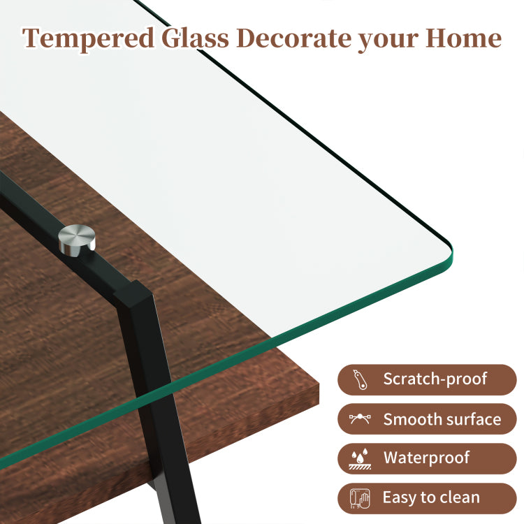 Rectangle Coffee Table, Tempered Glass Tabletop With Black Metal Legs, Modern Table For Living Room , Transparent Glass