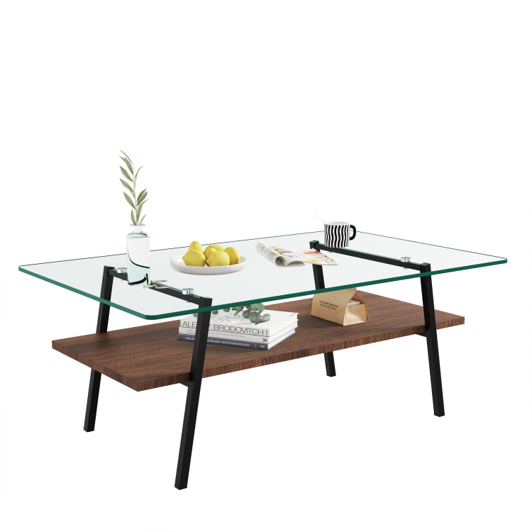 Rectangle Coffee Table, Tempered Glass Tabletop With Black Metal Legs, Modern Table For Living Room , Transparent Glass