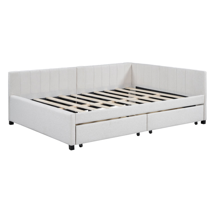 Full Size Upholstered Daybed With 2 Storage Drawers Sofa Bed Frame No Box Spring Needed, Linen Fabric Beige