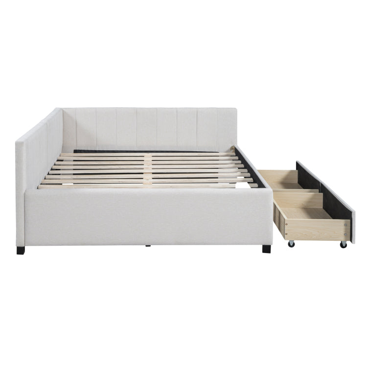Full Size Upholstered Daybed With 2 Storage Drawers Sofa Bed Frame No Box Spring Needed, Linen Fabric Beige