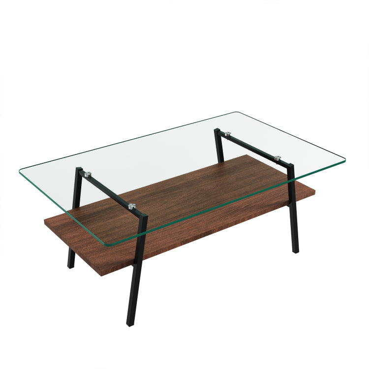 Rectangle Coffee Table, Tempered Glass Tabletop With Black Metal Legs, Modern Table For Living Room , Transparent Glass