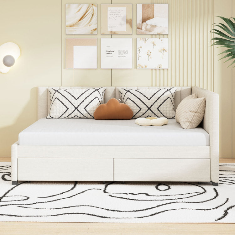 Full Size Upholstered Daybed With 2 Storage Drawers Sofa Bed Frame No Box Spring Needed, Linen Fabric Beige