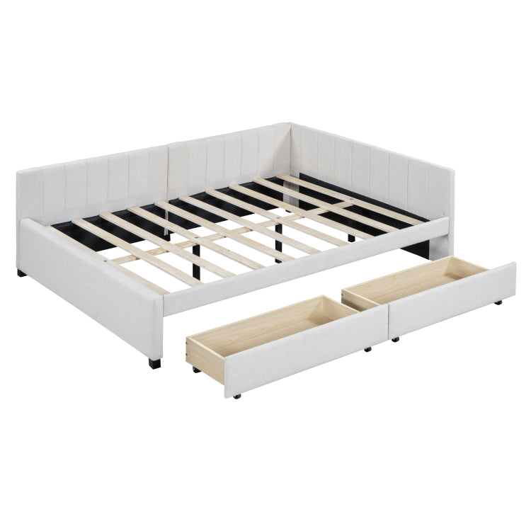 Full Size Upholstered Daybed With 2 Storage Drawers Sofa Bed Frame No Box Spring Needed, Linen Fabric Beige