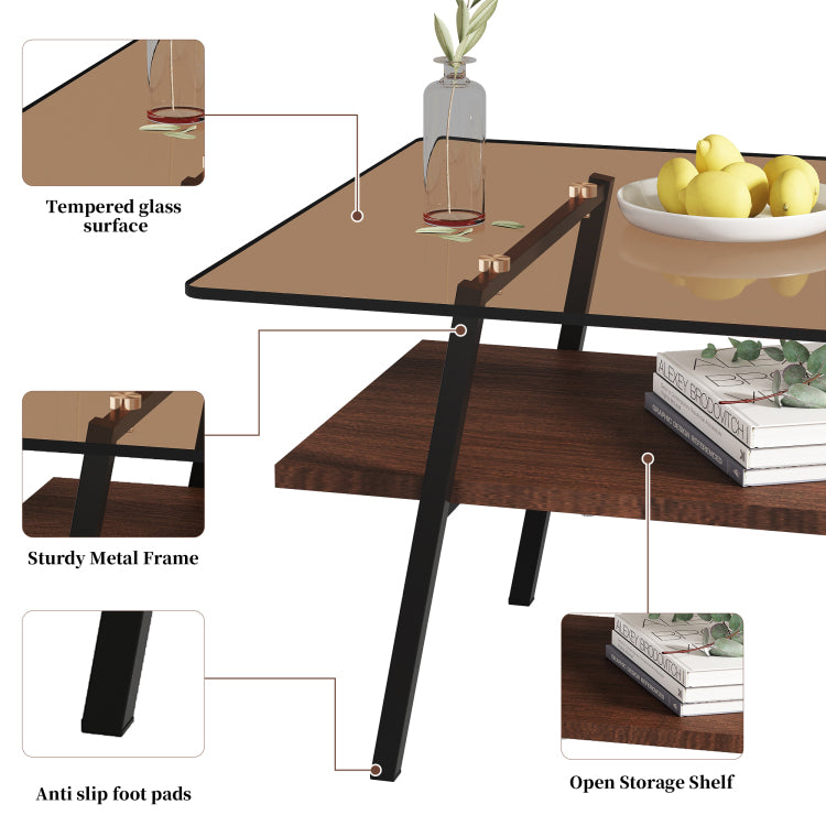 Coffee Table And End Tables Set Of 3, Tempered Glass Table With Mdf Layer, Modern Tables For Living Room , Brown Glass