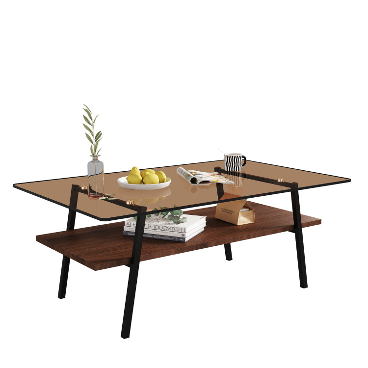 Coffee Table And End Tables Set Of 3, Tempered Glass Table With Mdf Layer, Modern Tables For Living Room , Brown Glass