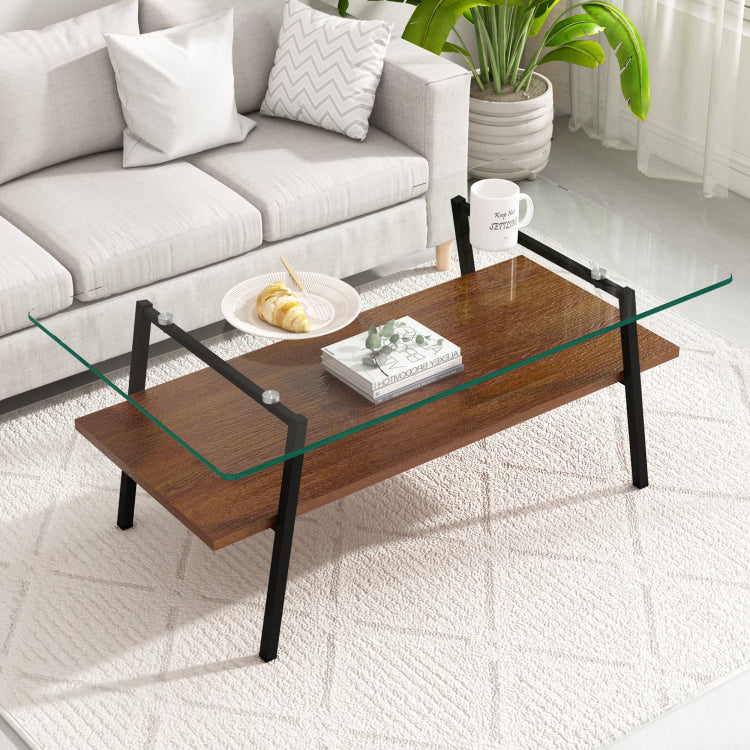 Rectangle Coffee Table, Tempered Glass Tabletop With Black Metal Legs, Modern Table For Living Room , Transparent Glass