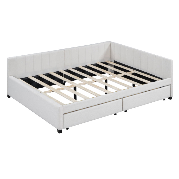 Full Size Upholstered Daybed With 2 Storage Drawers Sofa Bed Frame No Box Spring Needed, Linen Fabric Beige