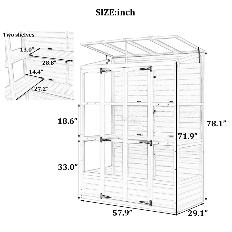 78 Inch Wooden Greenhouse Cold Frame With 4 Independent Skylights And 2 Folding Middle Shelves, Walk In Outdoor Greenhouse, Black