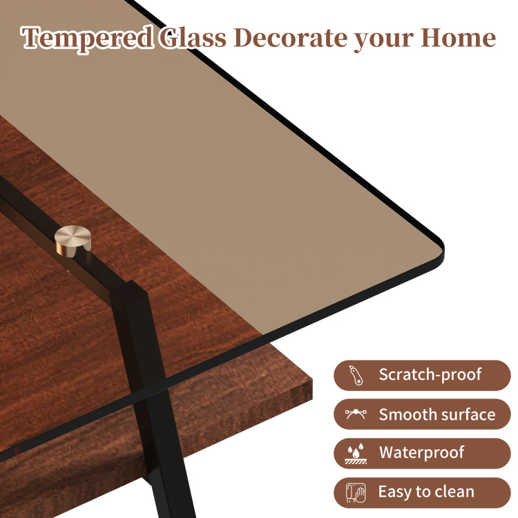 Coffee Table And End Tables Set Of 3, Tempered Glass Table With Mdf Layer, Modern Tables For Living Room , Brown Glass