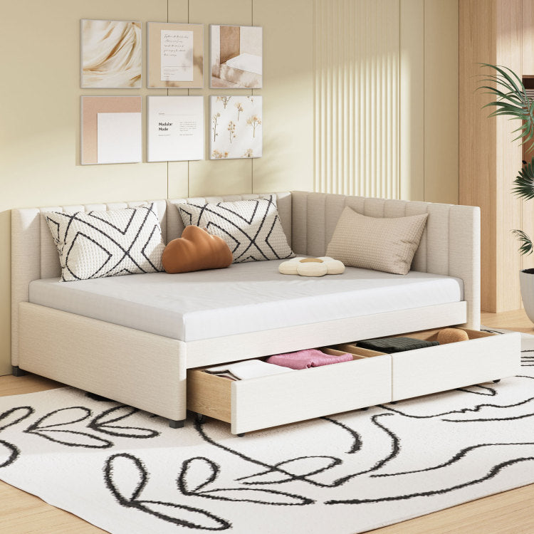 Full Size Upholstered Daybed With 2 Storage Drawers Sofa Bed Frame No Box Spring Needed, Linen Fabric Beige