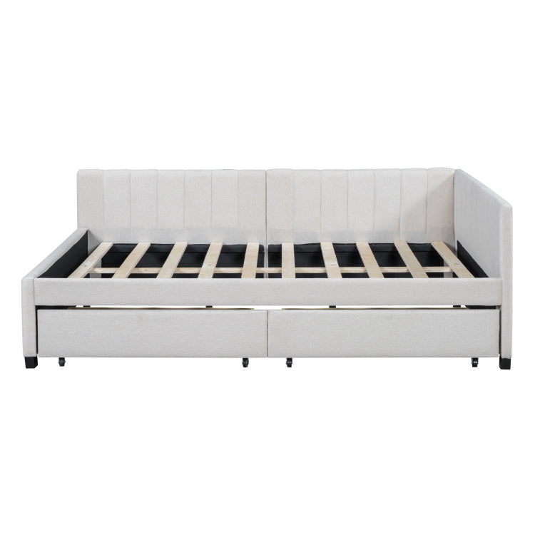 Full Size Upholstered Daybed With 2 Storage Drawers Sofa Bed Frame No Box Spring Needed, Linen Fabric Beige