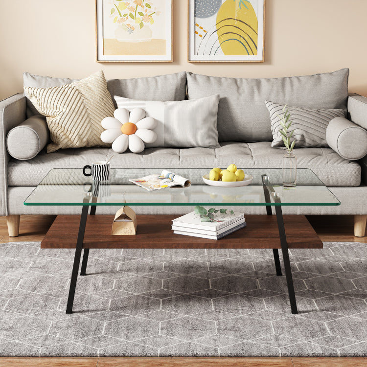 Rectangle Coffee Table, Tempered Glass Tabletop With Black Metal Legs, Modern Table For Living Room , Transparent Glass