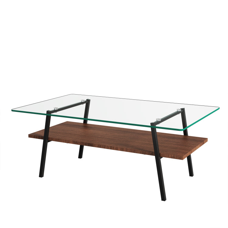 Rectangle Coffee Table, Tempered Glass Tabletop With Black Metal Legs, Modern Table For Living Room , Transparent Glass