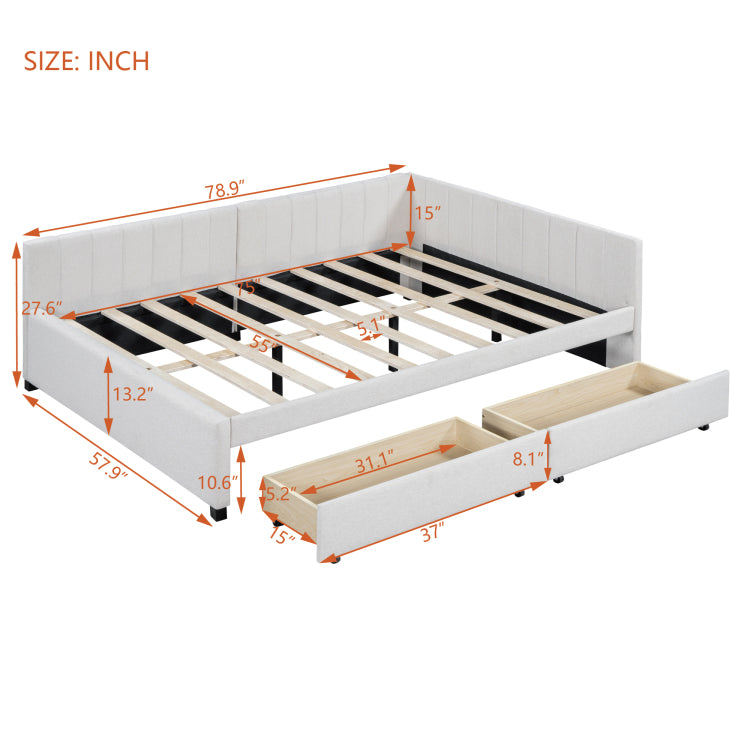 Full Size Upholstered Daybed With 2 Storage Drawers Sofa Bed Frame No Box Spring Needed, Linen Fabric Beige