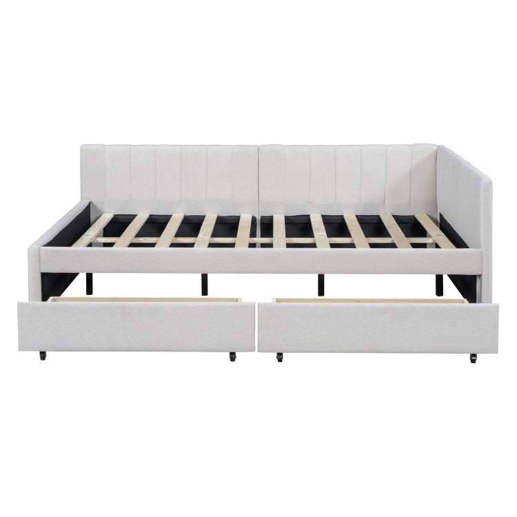 Full Size Upholstered Daybed With 2 Storage Drawers Sofa Bed Frame No Box Spring Needed, Linen Fabric Beige