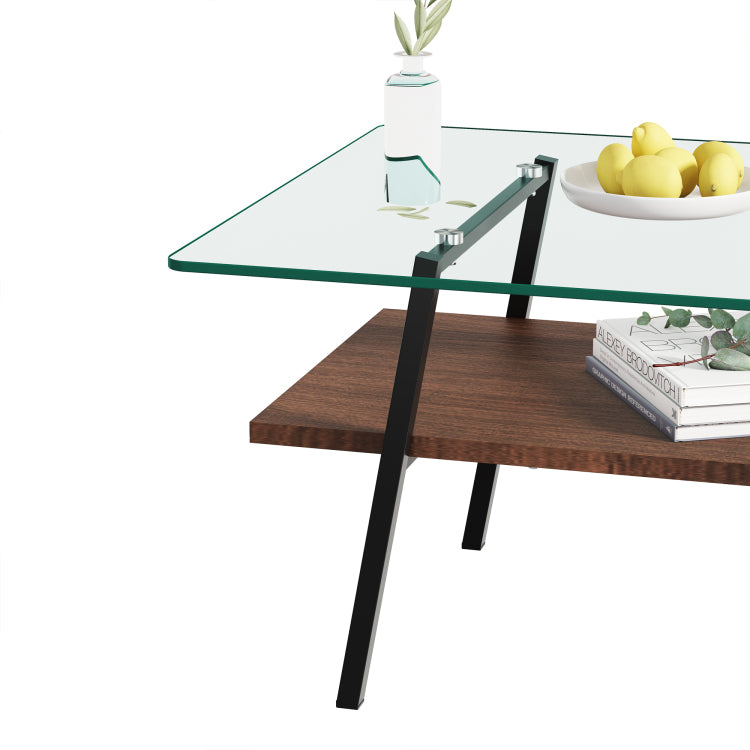 Rectangle Coffee Table, Tempered Glass Tabletop With Black Metal Legs, Modern Table For Living Room , Transparent Glass