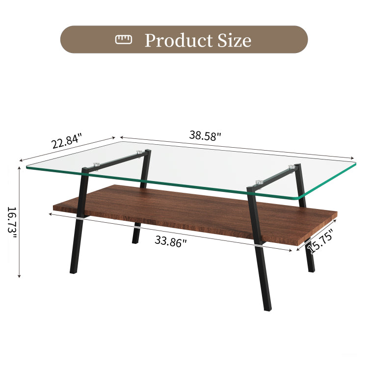 Rectangle Coffee Table, Tempered Glass Tabletop With Black Metal Legs, Modern Table For Living Room , Transparent Glass