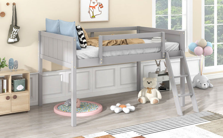 Twin Size Wood Low Loft Bed With Ladder, Ladder Can Be Placed On The Left Or Right, Gray