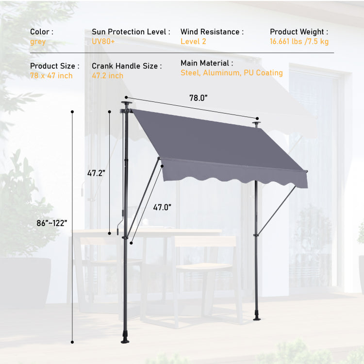 Manual Retractable Awning 78'' Non Screw Outdoor Sun Shade Cover With Uv Protection 100% Polyester Made Outdoor Canopy Adjustable Patio Door Window Awning Canopy Sun Shade Curtain For Backyard,Gary