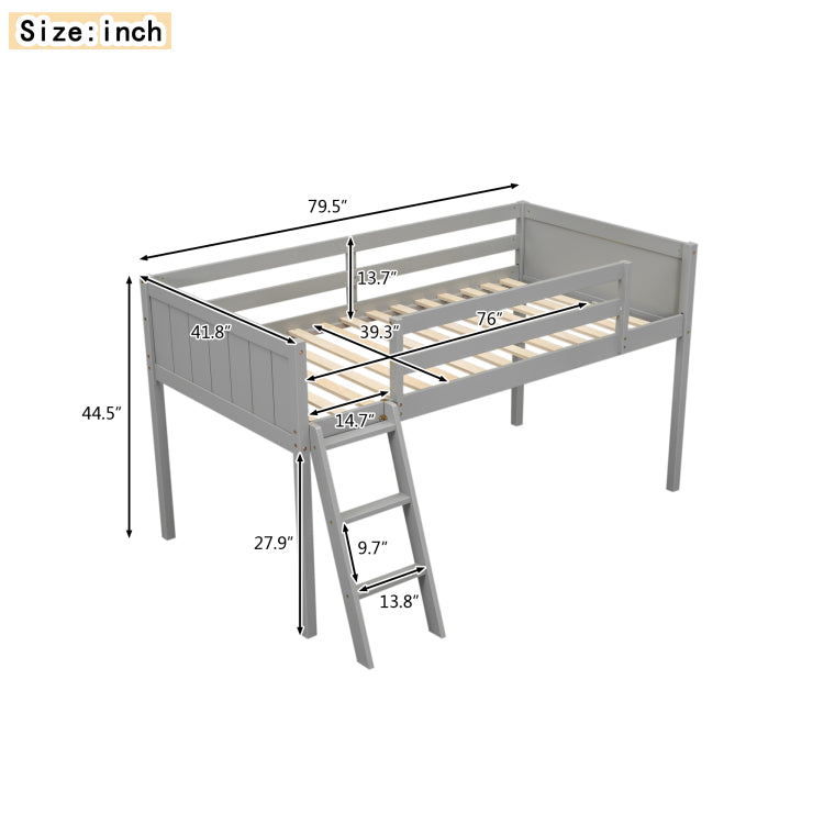 Twin Size Wood Low Loft Bed With Ladder, Ladder Can Be Placed On The Left Or Right, Gray