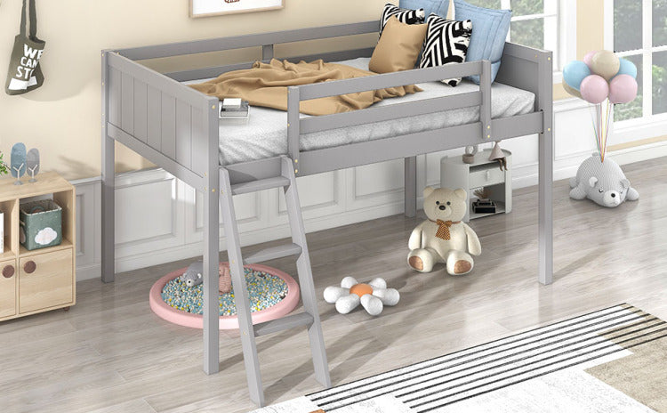 Twin Size Wood Low Loft Bed With Ladder, Ladder Can Be Placed On The Left Or Right, Gray