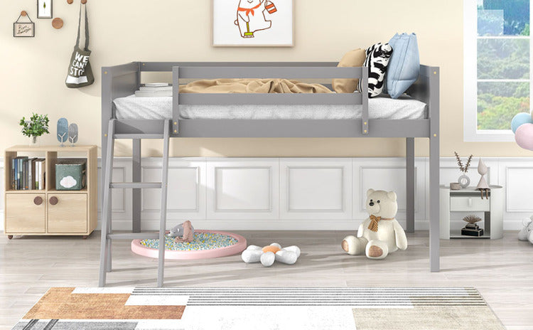 Twin Size Wood Low Loft Bed With Ladder, Ladder Can Be Placed On The Left Or Right, Gray