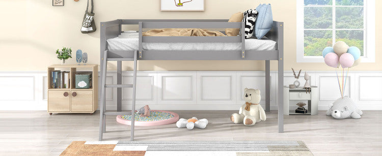 Twin Size Wood Low Loft Bed With Ladder, Ladder Can Be Placed On The Left Or Right, Gray